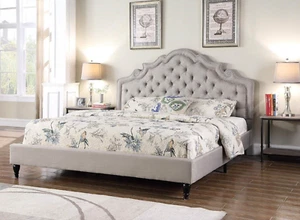King Size Gray Platform Upholstered Bed Frame with Button Tufted Headboard Arch - Picture 1 of 5
