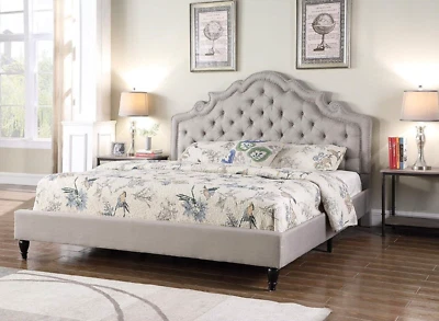 King Size Gray Platform Upholstered Bed Frame with Button Tufted Headboard Arch - Image 1 of 4