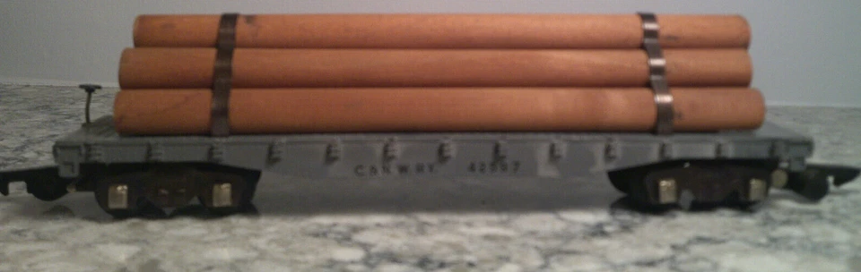 VINTAGE AMERICAN FLYER S SCALE DIECAST METAL FLAT CAR WITH WOOD LOG LOAD EXCELLE - Image 1 of 4