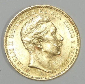 1898-A ALEMANIA PRUSIA Guillermo II ORO 20 marcos bonito BRILLANTE SIN CIRCULAR AGW 012304 - Imagen 1 de 4