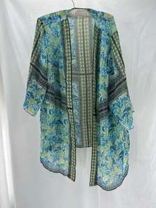 Susan Grover Kimono Plus Sz 2XL Blue Green White Hippie Coastal Beach Trendy - Picture 1 of 10
