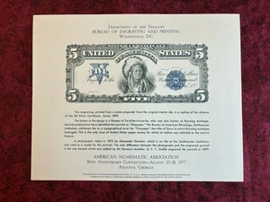 DEPARTMENT OF TREASURY $5.00 SILVER CERTIFICATE PLATE FOR 1977 NUMISMATIC ASSO. - Picture 1 of 10