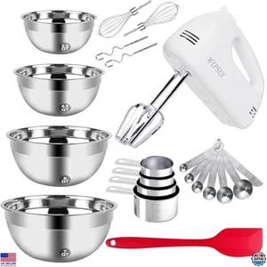 5-Speed Electric Hand Mixer Set with 4 Bowls, Whisks & Measuring Cups - Picture 1 of 6