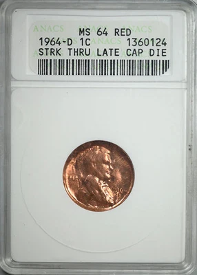 1964-D Lincoln Cent 1C ANACS Soapbox MS64RD Mint Error Struck Thru Late Cap Die - Image 1 of 4