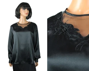 Vintage Satin Blouse Sz 12 L Black Satin Chiffon Floral Embroidery Dress Shirt - Picture 1 of 7