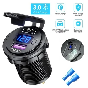 12V QC3.0 Double USB Voiture Chargeur Rapide Prise Alimentation LED Voltmètre Étanche - Photo 1 sur 9