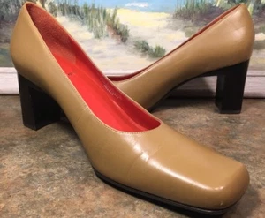 Rockport Block Heel Tan Camel Brown Square Toe 8M Made In Brazil EUC - Picture 1 of 10