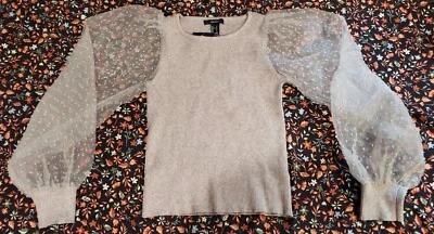 Forever 21 Sheer Puff Sleeve Grey Top Women's Size Small - Image 1 of 4