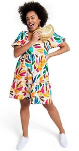 Tabitha Brown Target SIZE M Multicolor Botanical Print Puff Sleeve Mini Dress