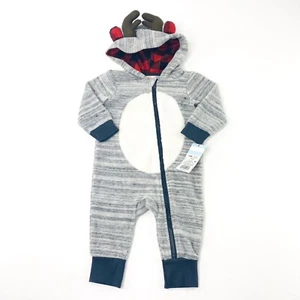 Cat & Jack Baby Boys Size 3-6M Reindeer Hooded Romper One Piece Heather Gray - Picture 1 of 7