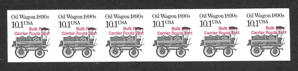Sc #2130b IMPERFORATE ERROR "GAP" Strip of 6, 10.1c Oil Wagon, Red Precancel. - Image 1 of 1