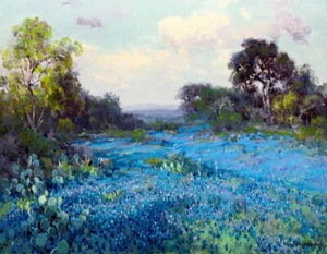 Bluebonnets at Late Afternoon Oil painting Giclee Printed on Canvas P2034
