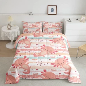 Cute Axolotl Comforter Set Twin Size Rainbow Stripes Quilt Set Animal Theme B... - Picture 1 of 7