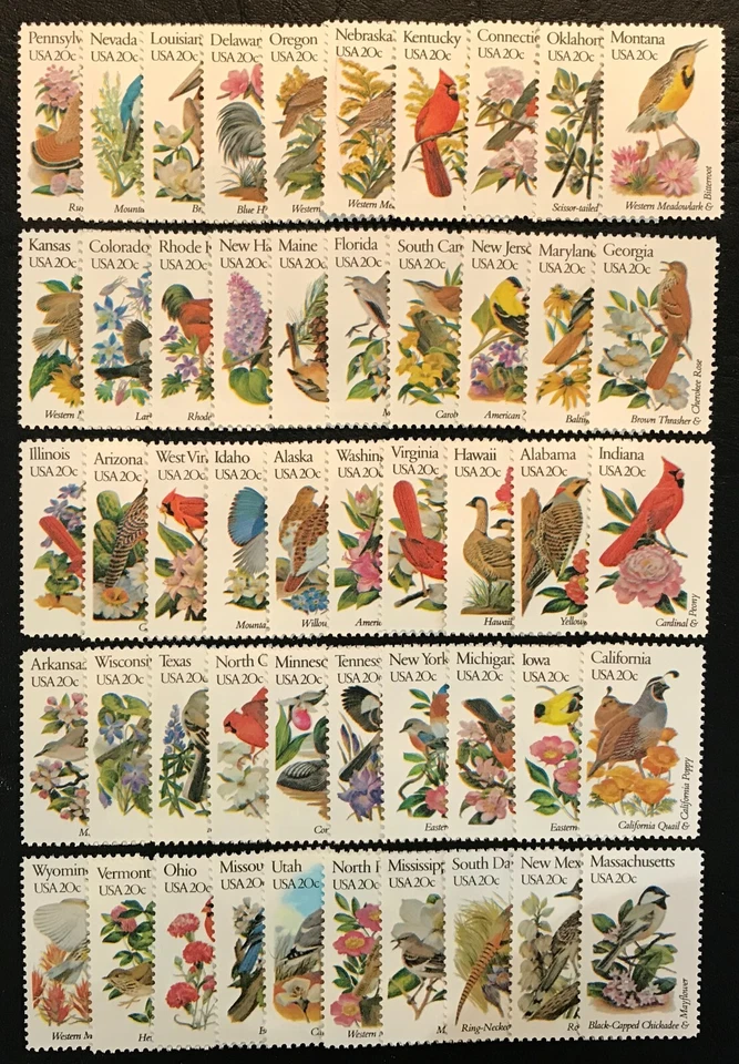 1982 Scott #1953A-2002A - 20¢ - STATE BIRDS & FLOWERS -50 Singles - MNH Full Set - Image 1 of 1