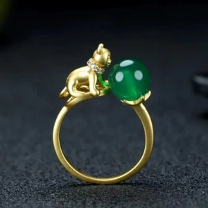Diseño Lindo Gato Jade Anillo Chapado en Cobre Oro 24k Incrustaciones Anillo Calcedonia Verde - Imagen 1 de 6