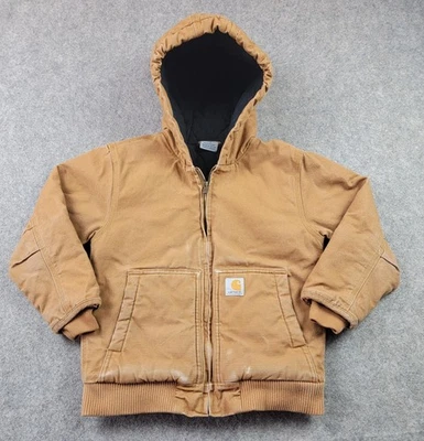 Carhartt Jacket Kids Small 7-8 Brown Hooded Quilted Lined Duck Workwear Zip - Image 1 of 4