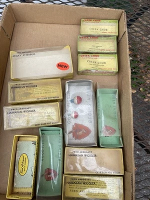 Lote Vintage Isca de Pesca Vazia Isca Caixas Creek Chub Paw Paw Fred Arbogast Musky - Imagem 1 de 4