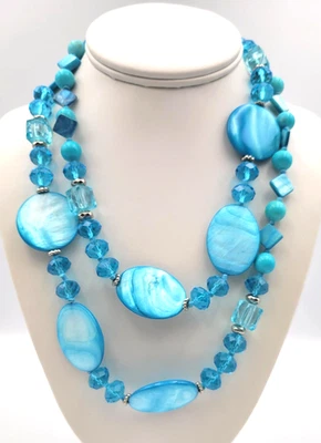 Tropical Blue Dyed Shell & Acrylic Faceted Bead Necklace 38" Island Beach Wear - Image 1 of 4