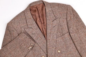 Wilkes Bashford Wool Tan Double Breast Peak Tweed Herringbone Fleck Blazer 44R - Picture 1 of 15