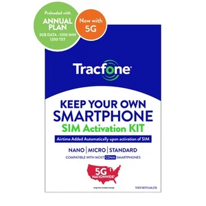 SIM prepago Tracfone + Plan de 1 año 3 GB de datos, 1200 min, 1200 Txt - Imagen 1 de 3