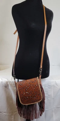 Bandolera Western Vaquera Flecos Floral Tooled Cuero Genuino Cartera Bolso Pequeño Foto 1 de 4