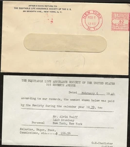 US Equitable Insurance 1940 2c Meter NY NY Cancel Entire as shown! - Picture 1 of 1