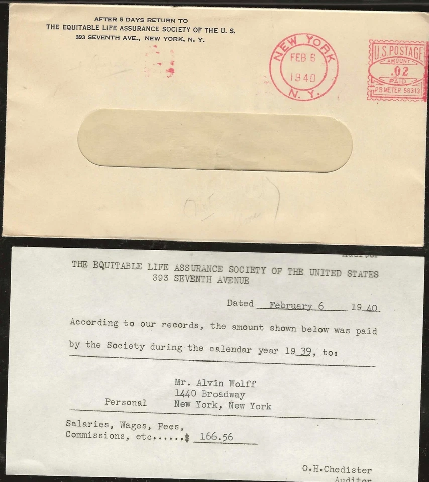 US Equitable Insurance 1940 2c Meter NY NY Cancel Entire as shown! - Image 1 of 1