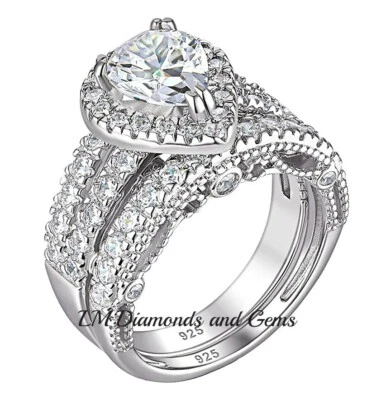 Wedding Set 14K White Gold over Brilliant Pear Engagement Bridal Rings - Image 1 of 4