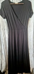 Caution To The WIND Black Jersey Faux Wrap Dress Size 12-14 V Neck Soft Comfy - Picture 1 of 5