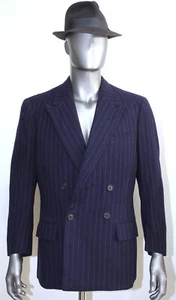French 1940s Blue Striped Wool Double Breasted Tailored Suit Jacket Size M - Picture 1 of 6