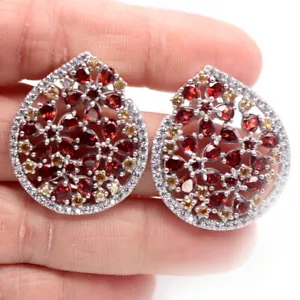 Gemma Arancio Rosso Granato, Citrino & Zircone Cubico Orecchini 925 Argento - Foto 1 di 4