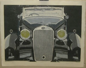 WALTER BUTTRICK 'Delage' Antique French RACECAR Car CONVERTIBLE Color LINOCUT - Picture 1 of 11