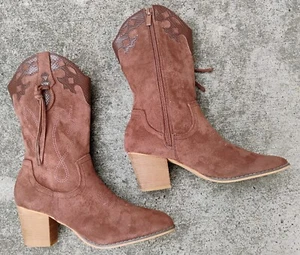 Shibever Womens Embroidered Side Zip Brown Suede Western Boots Size 39 US 8.5 - Picture 1 of 7