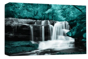 Waterfall Landscape Wall Art Teal Grey White Forrest Framed Canvas Picture - Picture 1 of 5