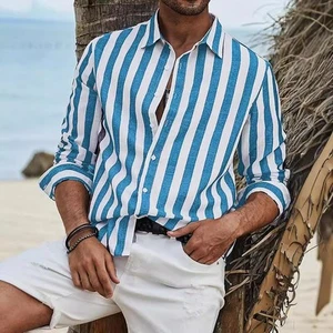 Mens Spring Autumn Top Daily Casual Cotton Linen Striped Beach Long Sleeve Shirt - Picture 1 of 26