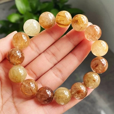 14mm Natural Copper Rutilated Quartz Crystal Beads Bracelet 008 - Image 1 of 4