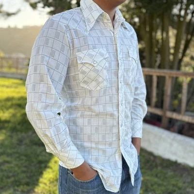 Vtg Texson Western Shirt Mens S 60s Geometric Pearl Snaps Butterfly Collar Perma - Image 1 of 4
