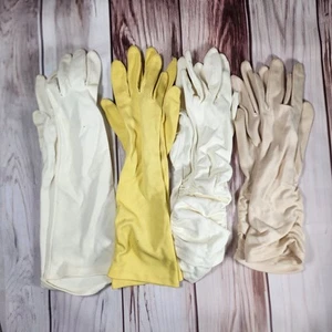 4 Sets kleine geraffte Handschuhe gelb weiß creme hellbraun Japan USA Nylon Retro antik - Bild 1 von 24