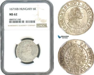 AJ115, Hungary, Leopold I, 6 Krajczar 1671 KB, Kremnitz Mint, Silver, NGC MS62 - Picture 1 of 1
