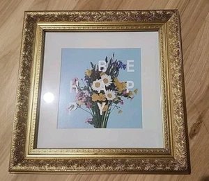 Opalhouse Be Happy Floral Gold Framed Glass Art Print Picture 12x12 - Picture 1 of 5
