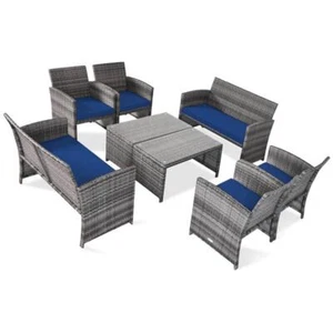 Costway Patio Conversation Set 8-Pcs Rattan Wicker Ergonomic w/ Navy Cushions - Picture 1 of 6