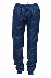 Pantaloni Sweat/Jogger In Pelle Blu Da Uomo 100% Vera Pelle Di Agnello - Picture 1 of 8