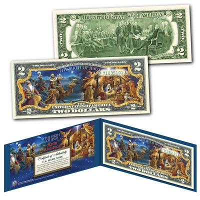 NACIMIENTO DE JESÚS Navidad 3 Reyes Magos Belén Genuino Legal Billete de $2 EE. UU.  Foto 1 de 3
