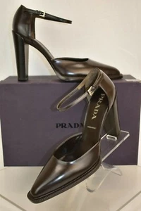 NIB PRADA 1T1250 CHOCOLATE BROWN POLISHED LEATHER ANKLE STRAP D'ORSAY PUMPS 40 - Picture 1 of 12