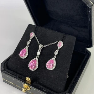 ACABADO EN ORO BLANCO Rosa Turmalina Corte Pera CD Colgante Joyería Set - Imagen 1 de 6
