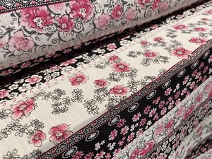 Printed Chiffon Yoryu Dress Fabric, Per Metre - Floral Stripe Print - Pink - Picture 1 of 4