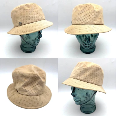 Vintage 90s Y2K Liz Claiborne Pinhole Beige Suede Leather Bucket Hat OSFM 22" - Image 1 of 4