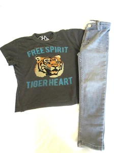 Zara Girl's Size 6 Gray Skinny Stretch Jeans & Chaser Sz 7 Gray Tiger T-Shirt - Picture 1 of 9