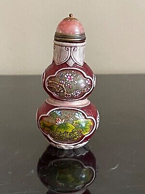 Vintage Chinese Peking Glass Double-Gourd Hand Painted & Overlay Snuff Bottle • 199£