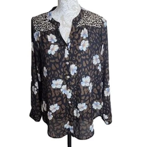 Figueroa & Flower Top Brown Cheetah & Floral long sleeve button down Women's PL - Picture 1 of 7